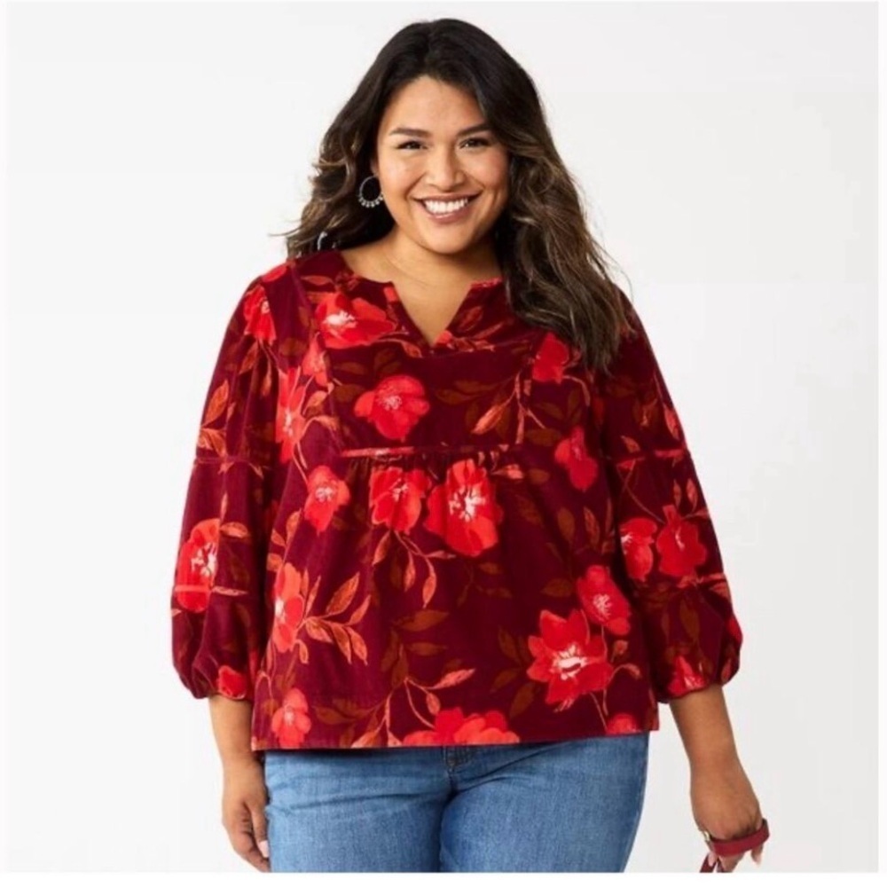 Sonoma Goods For Life Floral Corduroy Notchneck Balloon Sleeve Top Burgundy 1X